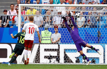 Soccer Football - World Cup - Group C - Denmark vs Australia - Samara Arena, Samara, Russia - June 21, 2018 Denmark's Christian Eriksen scores their first goal past Australia's Mathew Ryan REUTERS/Michael Dalder