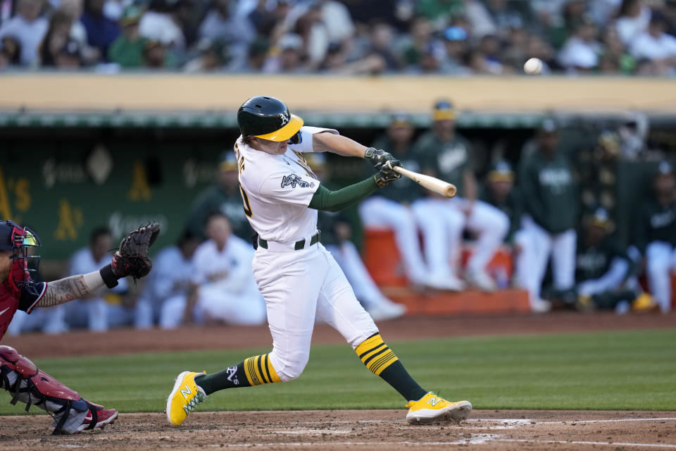 Oakland Athletics' Zack Gelof hits an RBI double against the Minnesota Twins during the third inning of a baseball game Friday, July 14, 2023, in Oakland, Calif. (AP Photo/Godofredo A. Vásquez)