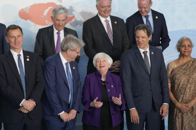 U.S. Treasury Secretary Janet Yellen, center, reacts prior to a group photo session of Group of Seven (G7) finance ministers and central bank governors with invited non-G7 countries' counterparts, at Toki Messe in Niigata, Japan, on Friday, May 12, 2023. (AP Photo/Shuji Kajiyama)