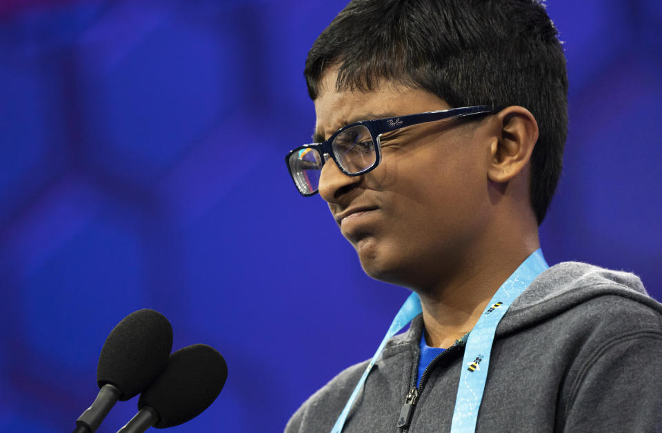 Achyut Ethiraj, 13, from Fort Wanye, Ind., competes during the Scripps National Spelling Bee, Wednesday, May 31, 2023, in Oxon Hill, Md. (AP Photo/Nathan Howard)