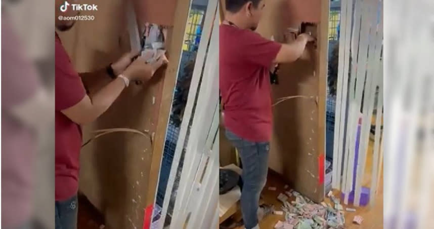 一名泰國男子將私房錢「藏在木牆內」，被老婆的火眼金睛識破。（圖／翻攝自TikTok／＠aom012530）