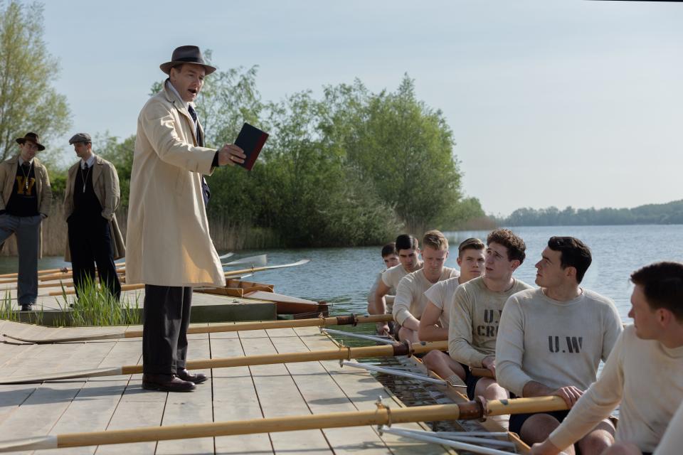 Joel Edgerton (left) stars as the coach of the University of Washington rowing team in director George Clooney’s period sports drama "The Boys in the Boat."