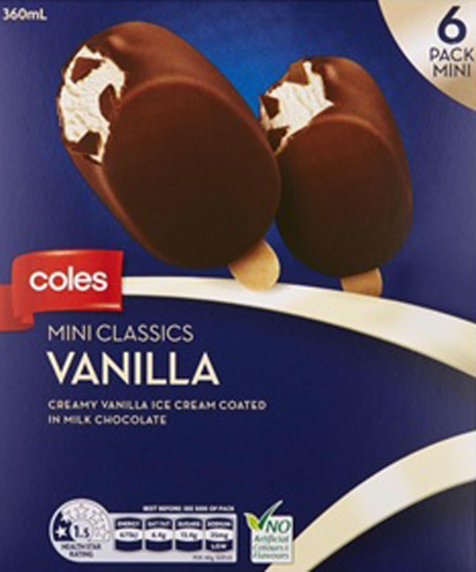 Coles has been forced to issue a recall of its Mini Classics Vanilla ice creams. Source: Coles