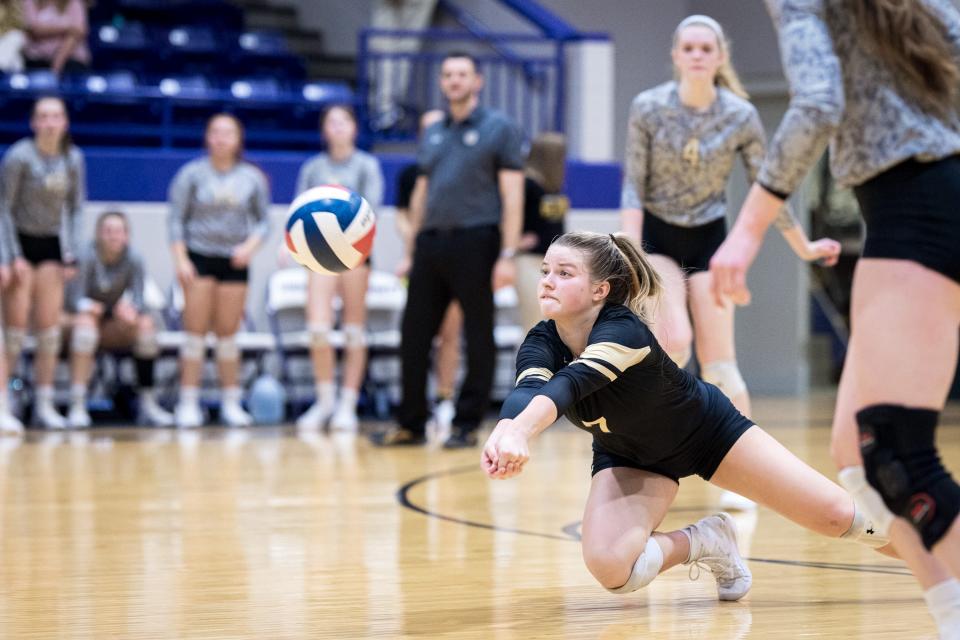 Amarillo High’s Kaylie Ledbetter (7) digs a volley during the Regional quarterfinal matchup against Lubbock Cooper on Tuesday, November 9, 2021 in Dimmit, TX.