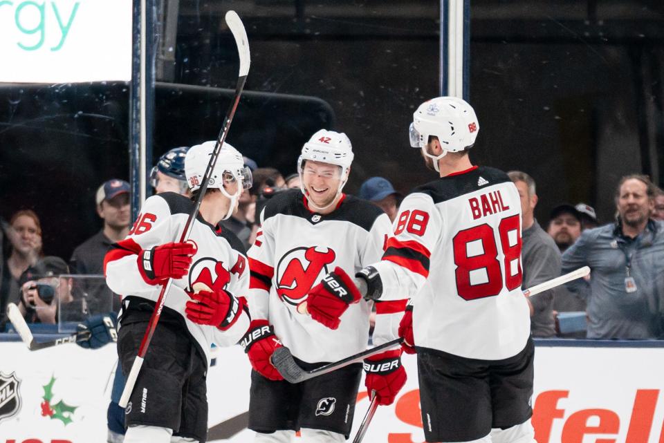 Dec 16, 2023; Columbus, Ohio, USA;
New Jersey Devils celebrates another goal during the third period of their game against the Columbus Blue Jackets on Saturday, Dec. 16, 2023 at Nationwide Arena.