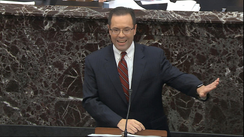 \White House deputy counsel Mike Purpura speaks during the impeachment trial against President Donald Trump on Monday, Jan. 27, 2020. (Senate Television via AP)