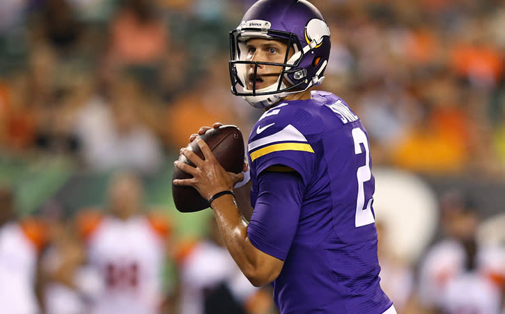 Minnesota Vikings quarterback Joel Stave looks to pass in the second half against the Cincinnati Bengals in a preseason NFL football game at Paul Brown Stadium. The Vikings won 17-16.