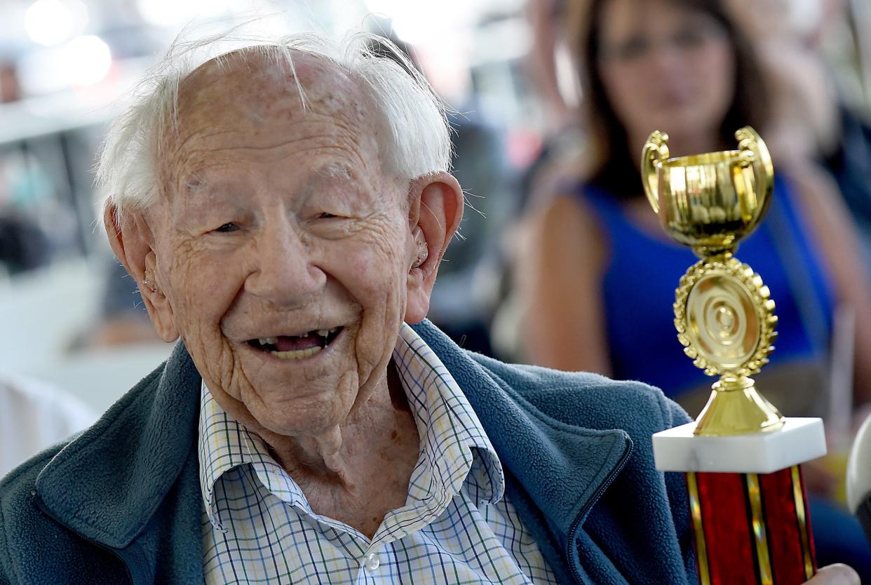 Erv Yoas of Pinckney, formerly of Monroe, was the oldest man attending the Senior Citizens Day awards' program at the Monroe County Fair in 2021 at the age of 107. He died Saturday, which was his 109th birthday.