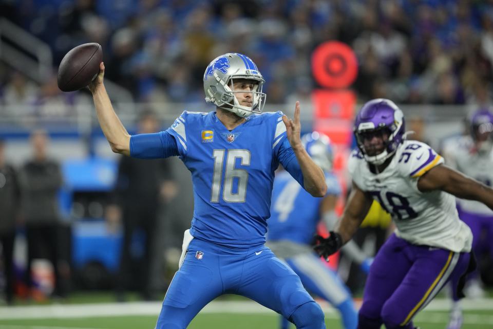 Detroit Lions' Jared Goff thorws during the first half of an NFL football game against the Minnesota Vikings Sunday, Dec. 11, 2022, in Detroit. (AP Photo/Paul Sancya)