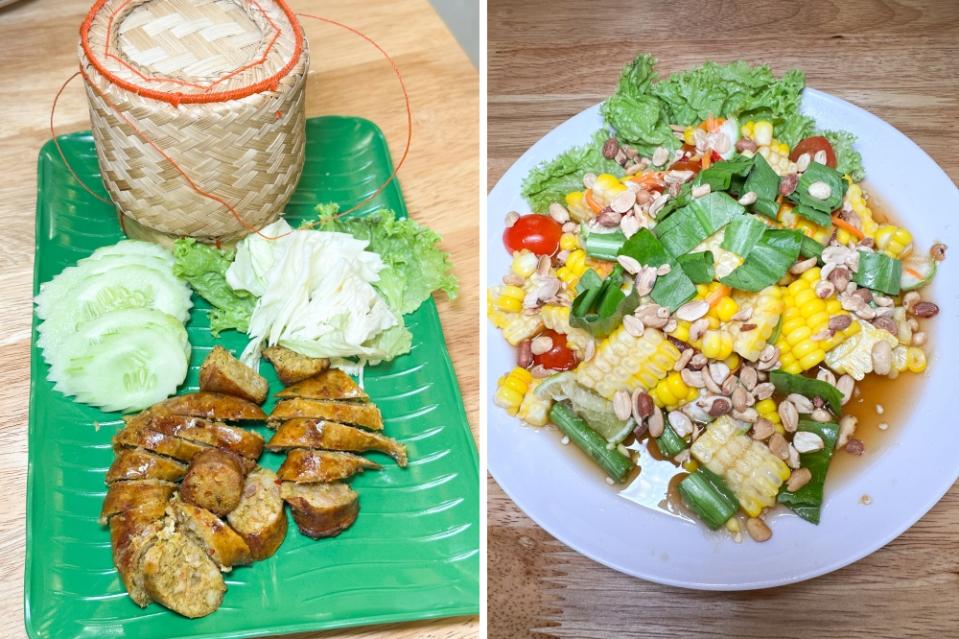 Premium Sai Ua is the iconic Chiang Mai pork sausages eaten with vegetables or sticky rice hidden in that tiny woven basket (left). Tam Khao Poad is good for those who like spicier flavours with their mixture of corn, tomatoes, baby eggplants and peanuts (right).