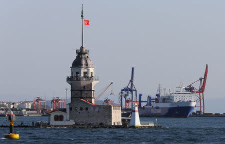 Denmark's DFDS owned Kaunas Seaways, with Maiden's Tower, an islet on the Bosphorus Strait, in the foreground, is pictured at the Haydarpasa port in Istanbul, Turkey September 14, 2017. REUTERS/Huseyin Aldemir