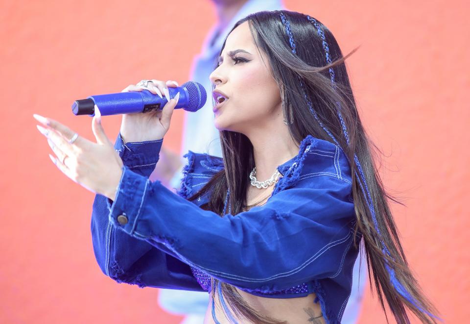 Becky G performs on the Coachella Stage at the Coachella Valley Music and Arts Festival in Indio, Calif., Friday, April 14, 2023. 