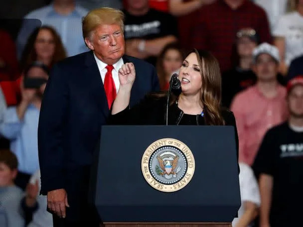 PHOTO: President Donald Trump listens as Chair of the Republican National Committee, Ronna McDaniel, right, speaks during a campaign rally, Nov. 5, 2018, in Cape Girardeau, Mo. (Jeff Roberson/AP, FILE)