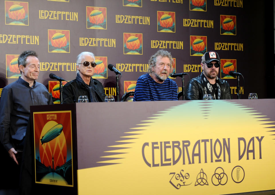 Led Zeppelin, from left, bassist/keyboardist John Paul Jones, guitarist Jimmy Page, singer Robert Plant, and drummer Jason Bonham participate in a press conference ahead of the worldwide theatrical release of "Celebration Day", a concert film of their 2007 London O2 arena reunion show, at the Museum of Modern Art on Tuesday, Oct. 9, 2012 in New York. (Photo by Evan Agostini/Invision/AP)