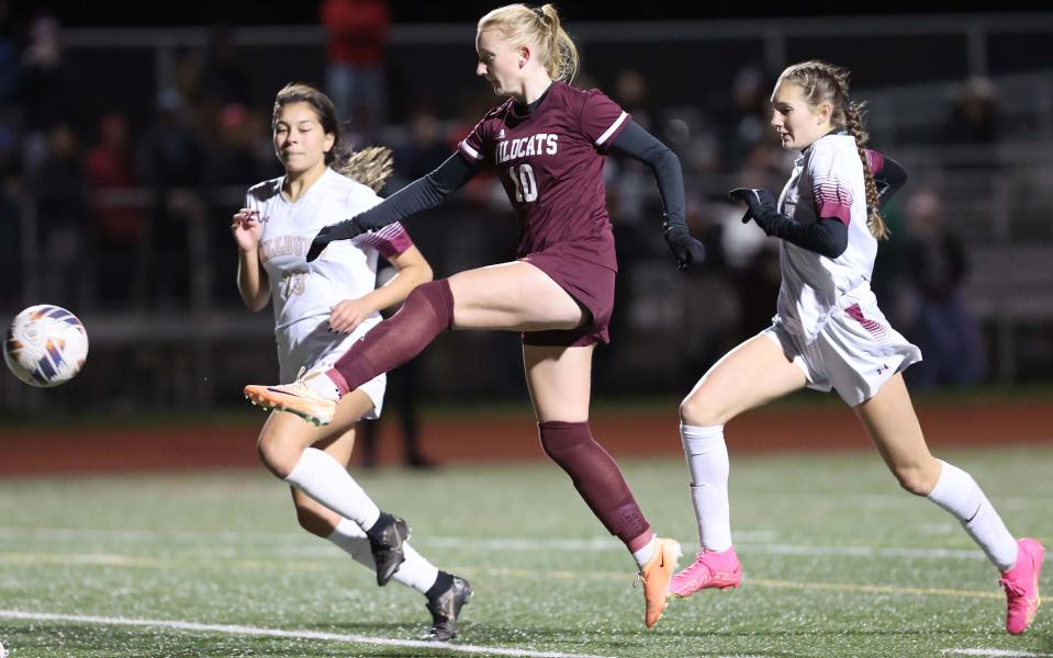 West Bridgewater's Kylie Fuller scores the team's first goal during a game vs. Millbury on Wednesday, Nov. 8, 2023.