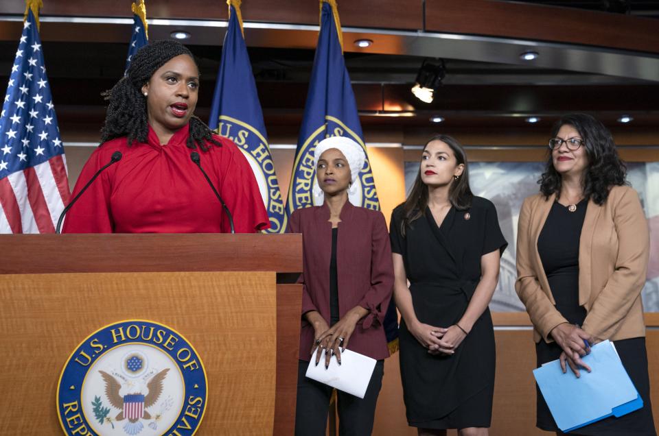 FILE - In this July 15, 2019 file photo, from left, Rep. Ayanna Pressley, D-Mass., Rep. Ilhan Omar, D-Minn., Rep. Alexandria Ocasio-Cortez, D-N.Y., and Rep. Rashida Tlaib, D-Mich., respond during a news conference at the Capitol in Washington, to remarks by President Donald Trump after his call for the four Democratic congresswomen to go back to their "broken" countries. All are American citizens. Pressley, the only one of the four who has yet to back any of the Democrats seeking the party's nomination for president in 2020, told the Associated Press, Monday, Nov. 4, that several top party candidates are seeking her endorsement. (AP Photo/J. Scott Applewhite, File)