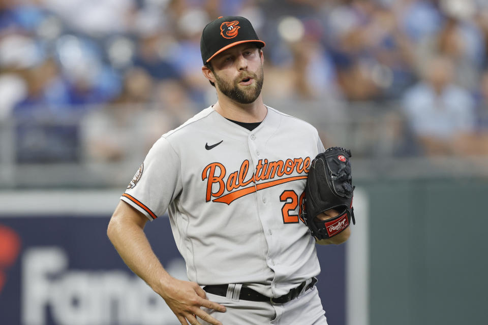 Baltimore Orioles pitcher Jordan Lyles reacts to a two-run home run by Kansas City Royals' MJ Melendez during the third inning of a baseball game in Kansas City, Mo., Thursday, June 9, 2022. (AP Photo/Colin E. Braley)