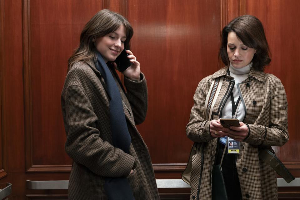 This image released by Max shows Melissa Benoist, left, and Carla Gugino in a scene from "The Girls on the Bus." (Nicole Rivelli/Max via AP)