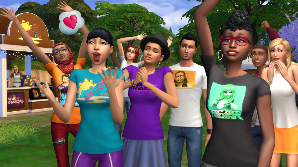 The Sims 4 cheats - a crowd of Sims cheer and celebrate