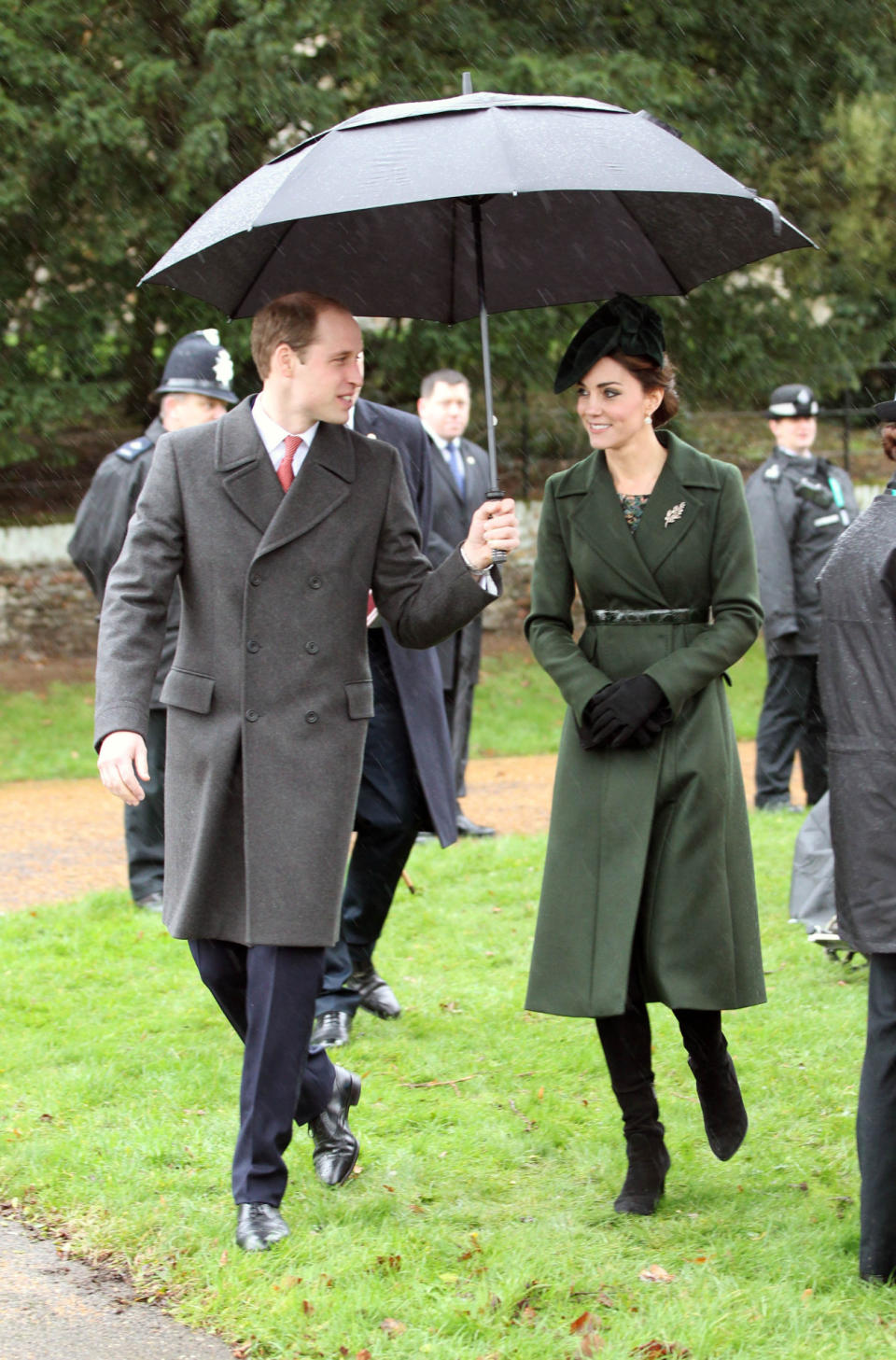 The Duchess of Cambridge, in a forest green coat, attended the Christmas Day Service at St. Mary Magdalene Church on the Sandringham Estate with her husband, the Prince William, the Duke of Cambridge, and other members of the Royal Family.