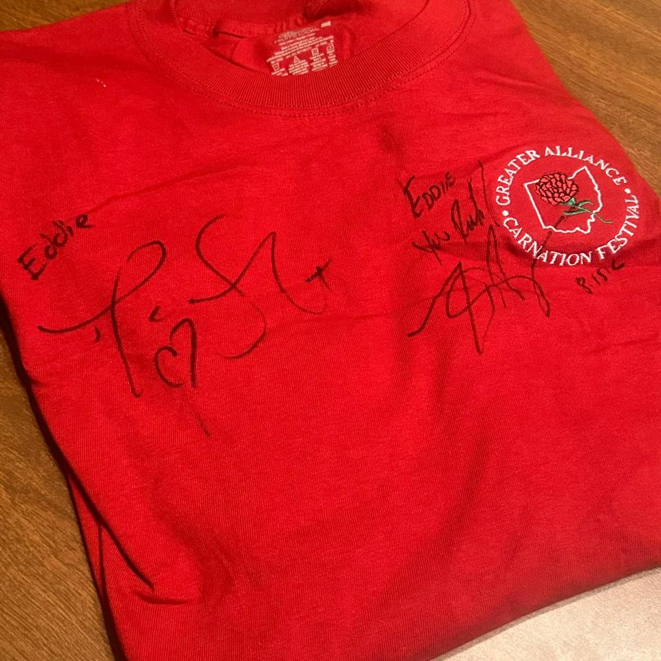 Alliance's Eddie Williams got Taylor Swift's signature on his Greater Alliance Carnation Festival Board of Directors T-shirt in 2006 when the singer was part of a concert fundraiser at Alliance High School.