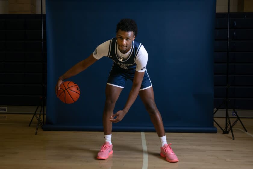 CHATSWORTH, CA - OCTOBER 12: Bronny James participants in Sierra Canyon High basketball media day on Wednesday, Oct. 12, 2022 in Chatsworth, CA. (Jason Armond / Los Angeles Times)