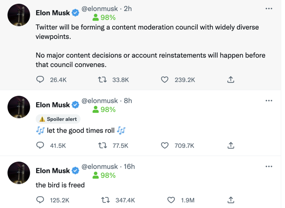 Hours after assuming control on Twitter, Elon Musk tweeted he will form a content moderation council.