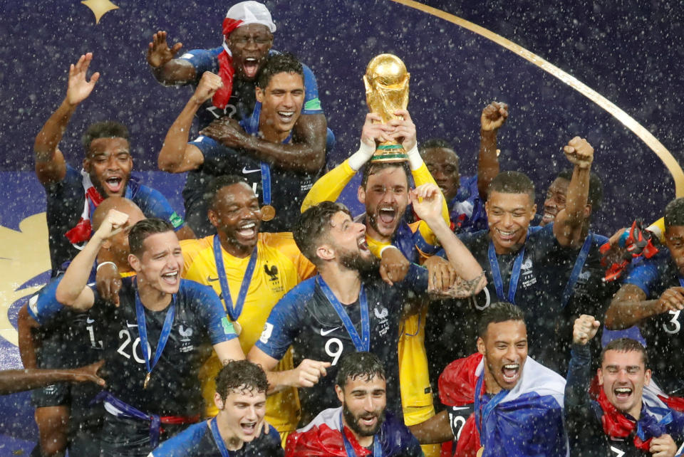 France captain Hugo Lloris lifts the trophy as they celebrate winning the FIFA World Cup in Moscow on 15 July, 2018 (FILE PHOTO: Reuters/Christian Hartmann)