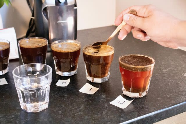 <p>Serious Eats / Jesse Raub</p> A double blind cupping was key to identifying the grinder that produced the best tasting coffee.