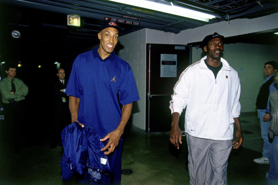 Michael Jordan, right, and Chicago Bulls teammate Scottie Pippen enter the arena prior to Game 1 of the 1997 NBA Finals against the Utah Jazz at the United Center on June 1, 1997 in Chicago, Illinois. (Photo by Andrew D. Bernstein/NBAE via Getty Images)