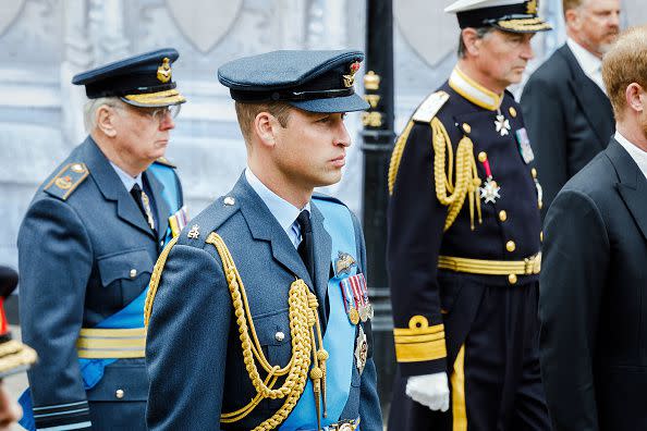 LONDON, ENGLAND - SEPTEMBER 19: Prince Richard, Duke of Gloucester, Prince William, Prince of Wales and Vice Admiral, Sir Timothy Lawrence arrive at Westminster Abbey for the State Funeral of Queen Elizabeth II on September 19, 2022 in London, England. Elizabeth Alexandra Mary Windsor was born in Bruton Street, Mayfair, London on 21 April 1926. She married Prince Philip in 1947 and ascended the throne of the United Kingdom and Commonwealth on 6 February 1952 after the death of her Father, King George VI. Queen Elizabeth II died at Balmoral Castle in Scotland on September 8, 2022, and is succeeded by her eldest son, King Charles III.  (Photo by Tristan Fewings/Getty Images)