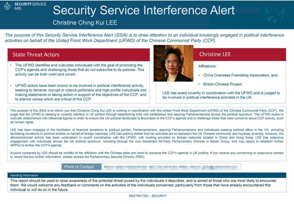 The MI5 Security Service Interference Alert (SSIA) about Christine Lee (MI5/PA) (PA Media)