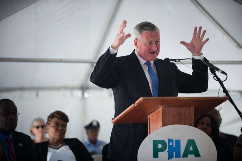 Mayor Kenney at the groundbreaking for the Philadelphia Housing Authority’s new headquarters. (CAMERON B. POLLACK / Staff Photographer)