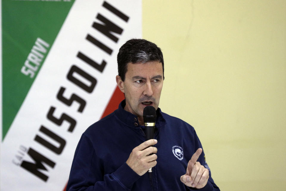 In this photo taken on Saturday, May 4, 2019, Brothers of Italy party candidate for the upcoming EU elections, Caio Giulio Cesare Mussolini, delivers his speech during a campaign rally, in Sirignano, southern Italy. Mussolini’s name remains part of the political discourse, first with lawmaker Alessandra Mussolini, Benito Mussolini’s granddaughter who started out with a now defunct neo-fascist party, and now with his great-grandson, Caio Giulio Cesare Mussolini, who is running with the far-right Brothers of Italy party in the European elections. (AP Photo/Gregorio Borgia)