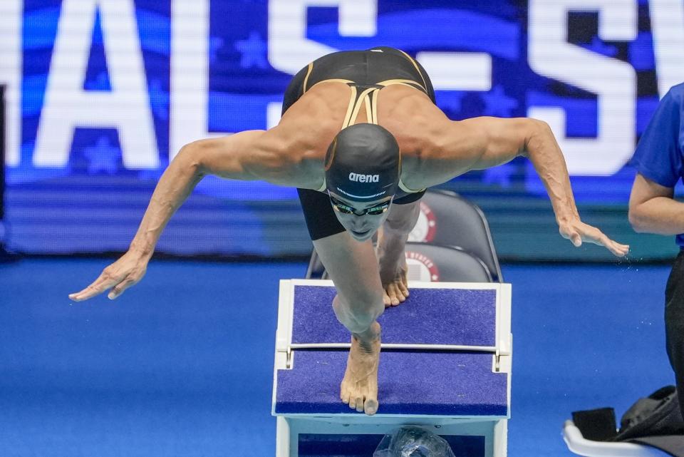 Gabrielle Rose swims during the Women's 100 breaststroke preliminary heat Sunday, June 16, 2024, at the US Swimming Olympic Trials in Indianapolis. (AP Photo/Darron Cummings)