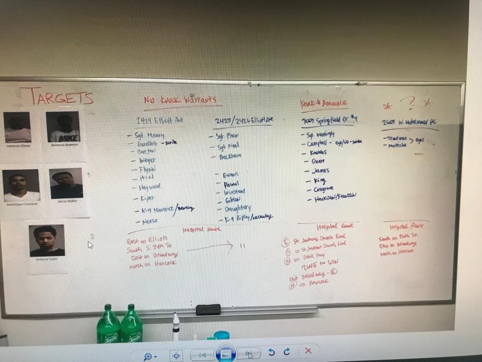 Commonwealth's Attorney Tom Wine shared Louisville Metro Police's whiteboard from the night of Breonna Taylor's fatal shooting, as they planned how to execute a series of search warrants, in a Zoom call with reporters on Friday.