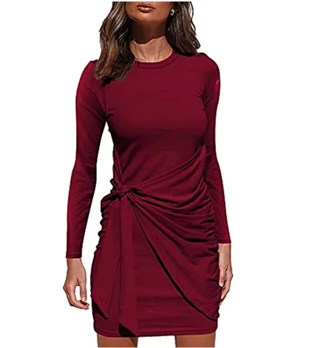 isermeo Women's Tie Waist Ruched Bodycon Mini Dress