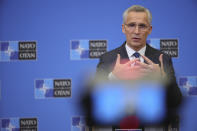NATO Secretary-General Jens Stoltenberg speaks during a press conference at the NATO headquarters, Friday, Nov. 25, 2022 in Brussels, ahead of the Meeting of NATO Ministers of Foreign Affairs taking place on Nov. 29 and 30 in Bucharest, Romania. (AP Photo/Olivier Matthys)