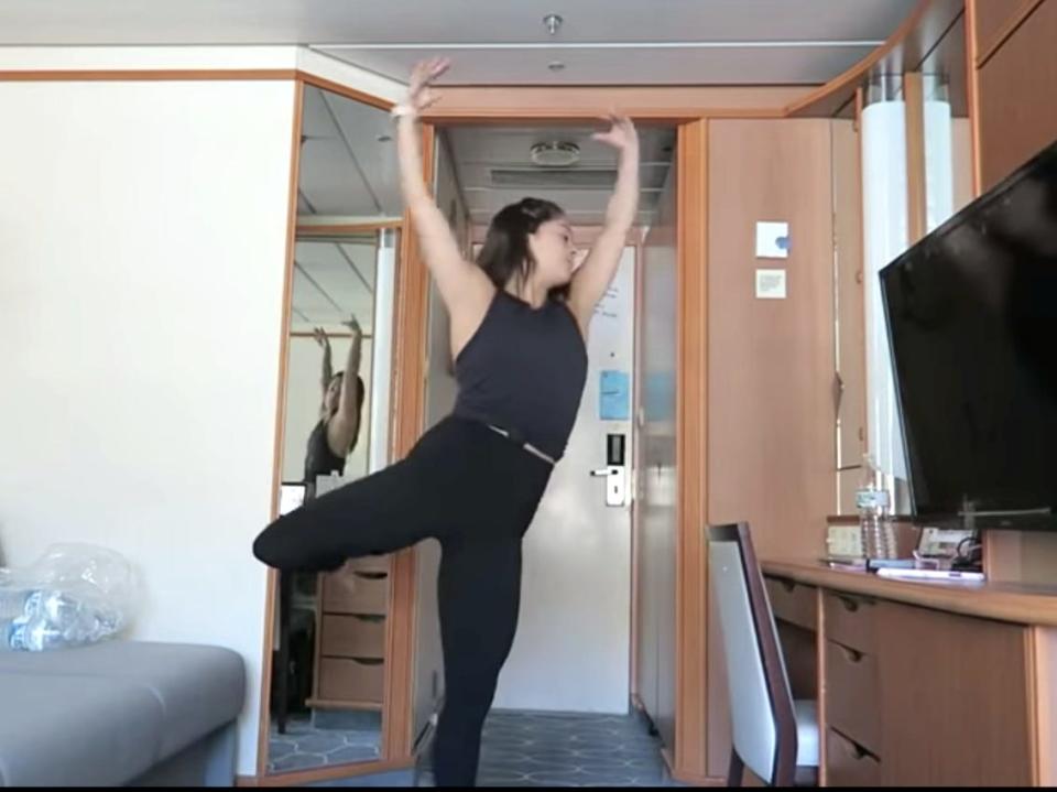 Jordan Bauth practices her figure-skating routine in her cruise cabin.