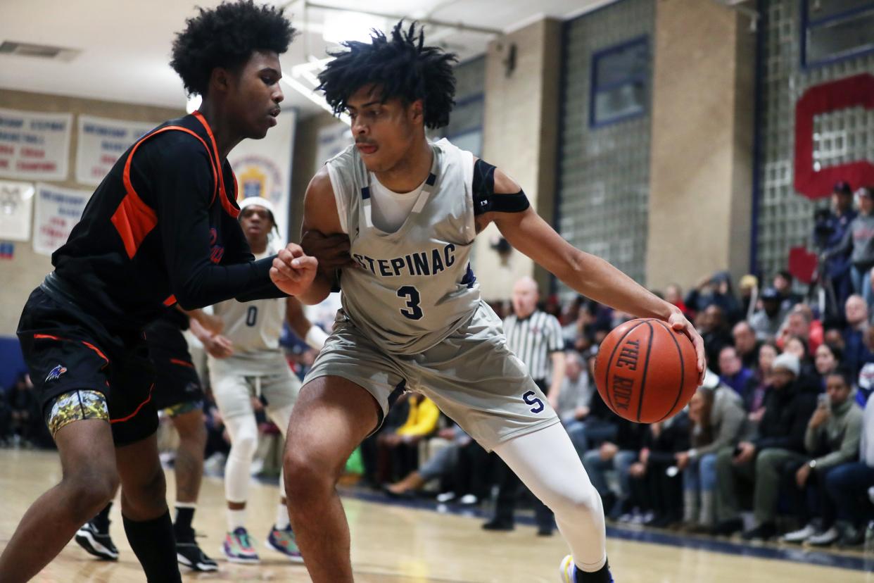 Stepinac's Braylan Ritvo (3) in action against St. Raymonds during CHSAA basketball action at Archbishop Stepinac High School in White Plains Jan. 19, 2024. Stepinac won the game 100-71.