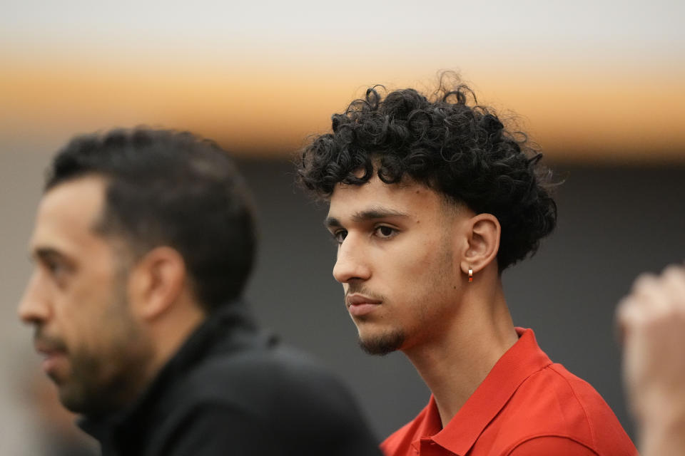 Atlanta Hawks' Zaccharie Risacher speaks during an NBA basketball news conference, Friday, June 28, 2024, in Atlanta. Risacher was selected as the first overall pick by the Atlanta Hawks in the first round of the NBA basketball draft. (AP Photo/Brynn Anderson)