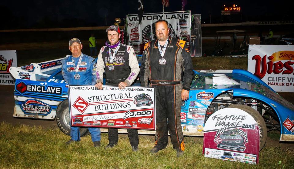 Tyler Peterson of Hickson (N.D.), center, won the 40-lap Wissota Late Model Challenge Series special that was the highlight of the 11th Marilyn Olson Memorial racing program at Casino Speedway on Sunday, June 11, 2023. John Kaanta of Elk Mound (Wis.), left, was second and Chad Becker of Aberdeen (right), third.