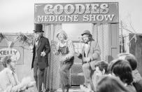 Comedians (L-R) Graeme Garden, Tim Brooke-Taylor and Bill Oddie in a sketch from episode 'Hospital for Hire' of the BBC television series 'The Goodies', April 27th 1973. (Photo by Don Smith/Radio Times via Getty Images)