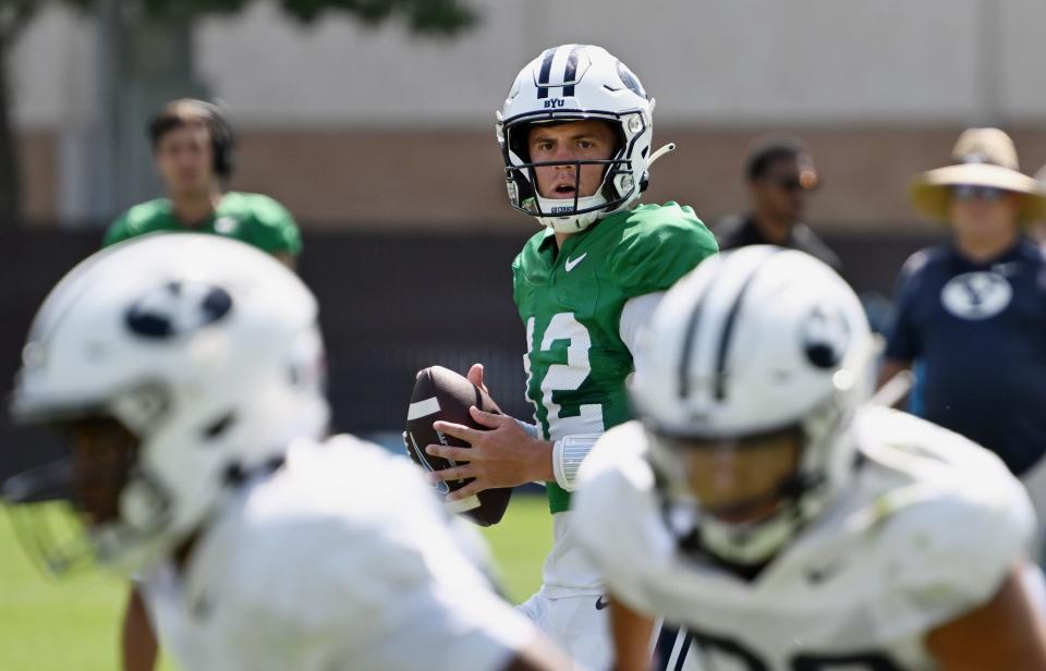 BYU backup quarterback Jake Retzlaff looks to pass the ball during BYU’s practice in Provo on Tuesday, Aug. 8, 2023. | Scott G Winterton, Deseret News