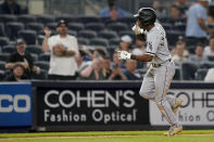 Chicago White Sox' Tim Anderson gestures while running the bases after hitting a three-run home run off New York Yankees relief pitcher Miguel Castro in the eighth inning of the second baseball game of a doubleheader, Sunday, May 22, 2022, in New York. (AP Photo/John Minchillo)
