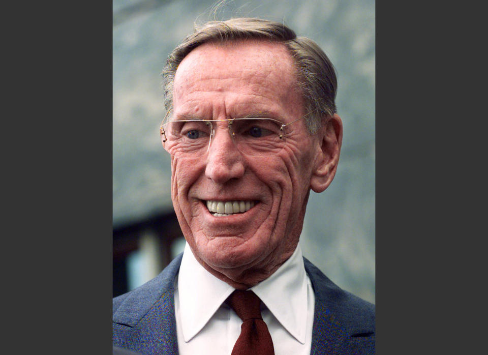 FILE - In this April 6, 1999, file photo, former Lincoln Savings & Loan chief Charles Keating Jr. smiles during a news conference at the Los Angeles Federal Courthouse. Keating, the financier who was disgraced for his role in the costliest savings and loan failure of the 1980s, has died. He was 90. A person with direct knowledge of the death confirmed that Keating died but didn't provide further details. The person wasn't authorized to release the information and spoke on condition of anonymity. (AP Photo/Nick Ut, File)