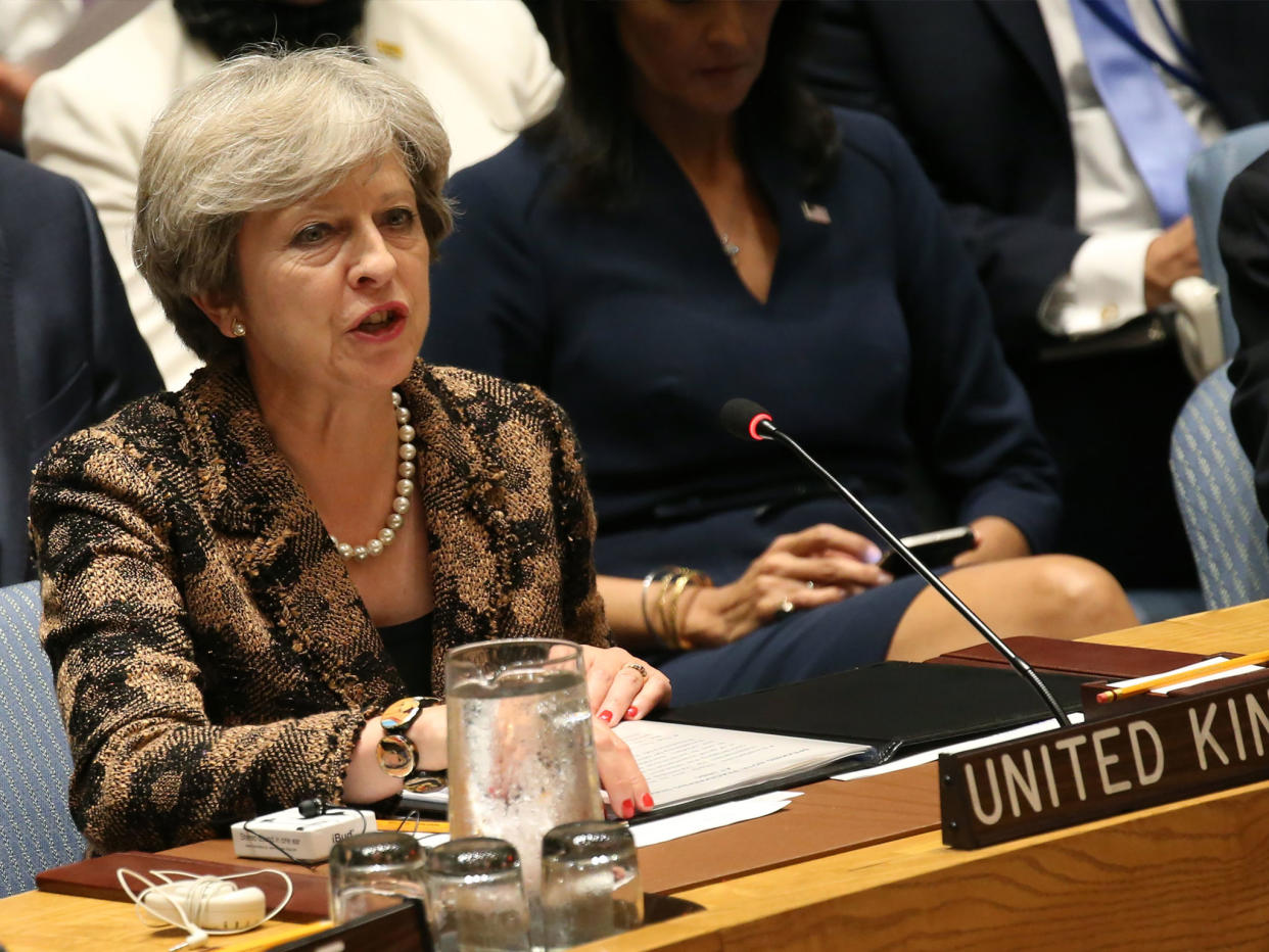 Theresa May speaks during a Security Council Meeting on United Nations peacekeeping operations, ahead of her keynote speech to the assembly: EPA