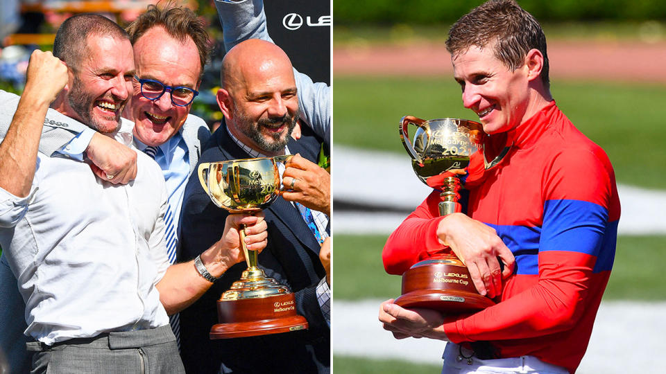 Pictured here, Verry Elleegant's owners celebrate after jockey James McDonald wis the Melbourne Cup on their horse.