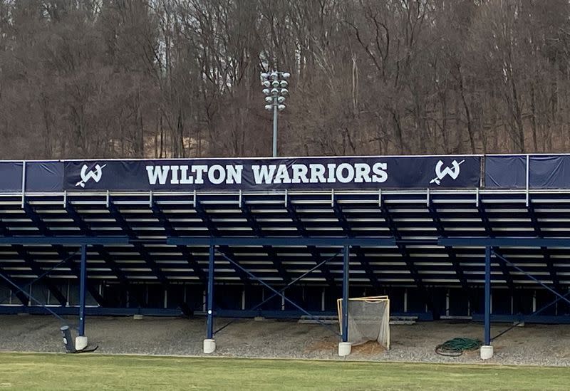 The bleachers of the sports stadium at Wilton where major high school athletics events are usually held but have been suspended pending further notice due to the coronavirus is seen in Wilton