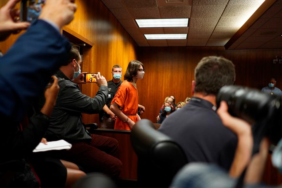 Oxford High School shooting suspect Ethan Crumbley appears in court at the Oakland County Circuit Court in Pontiac on Monday.